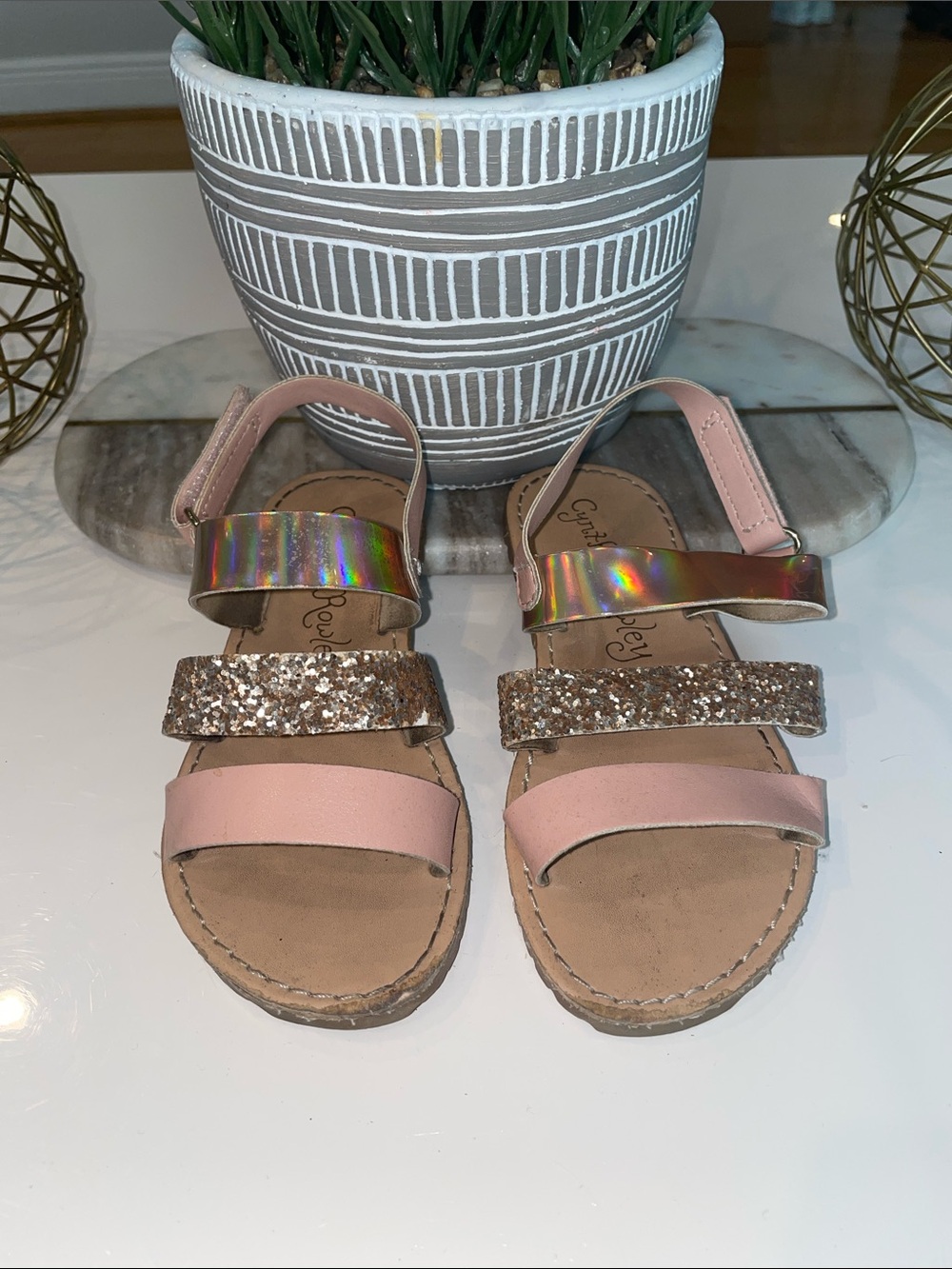 Cynthia Rowley Pink Glitter & Holographic Strap Kids Sandals